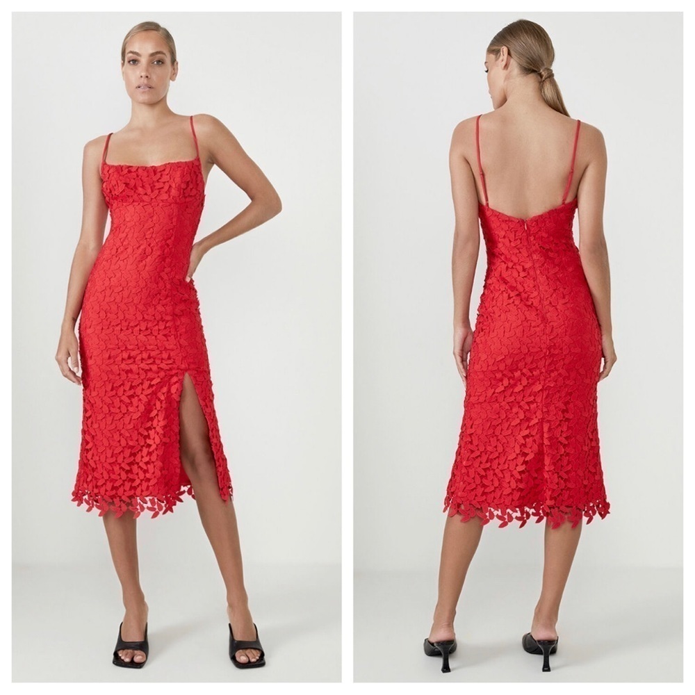 New! Bardot Ariel leaf lace midi dress red 13193